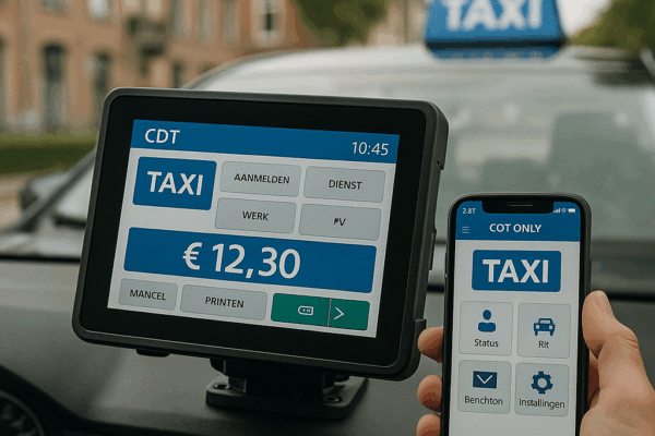 Neone als eerste goedgekeurd voor nieuwe digitale boordcomputer CDT Een tablet met taxi-app en een smartphone met CDT-software in een taxi, gefotografeerd vanuit het dashboard met een stad op de achtergrond
