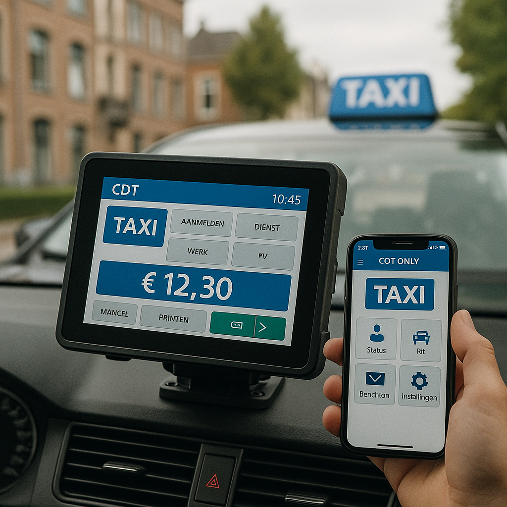 Een tablet met taxi-app en een smartphone met CDT-software in een taxi, gefotografeerd vanuit het dashboard met een stad op de achtergrond