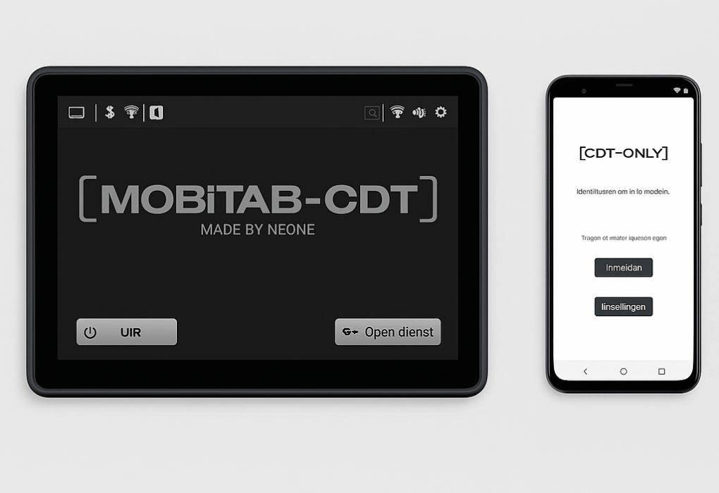 Links een zwarte tablet met de interface van Mobitab-CDT, rechts een smartphone met de CDT-Only app geopend.