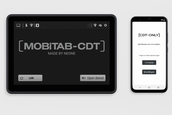 Nieuwe CDT-wetgeving treedt in werking per 1 juli 2025 Links een zwarte tablet met de interface van Mobitab-CDT, rechts een smartphone met de CDT-Only app geopend.