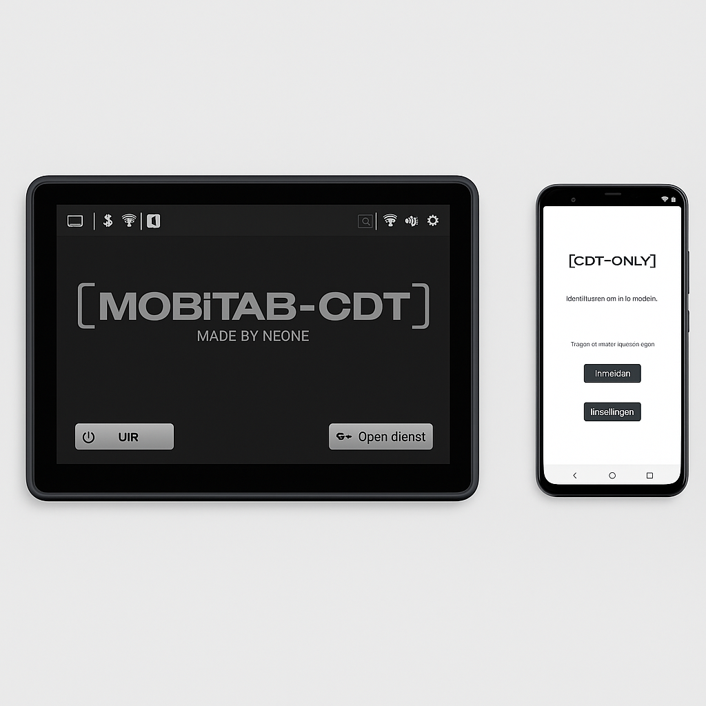 Links een zwarte tablet met de interface van Mobitab-CDT, rechts een smartphone met de CDT-Only app geopend.