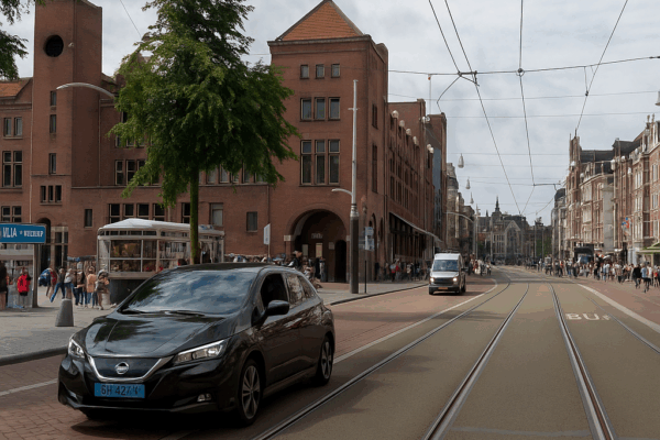 Uitsluitend uitstootvrije taxi’s welkom bij Rembrandtplein vanaf 1 juli 2025 Straatbeeld in Amsterdam met een zwarte elektrische taxi op de tramrails, omringd door historische gebouwen, winkelend publiek en een blauwe lucht met lichte bewolking.