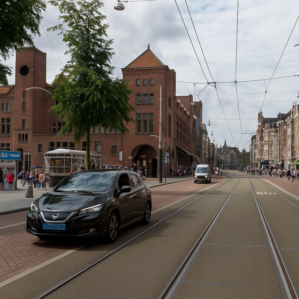 Straatbeeld in Amsterdam met een zwarte elektrische taxi op de tramrails, omringd door historische gebouwen, winkelend publiek en een blauwe lucht met lichte bewolking.