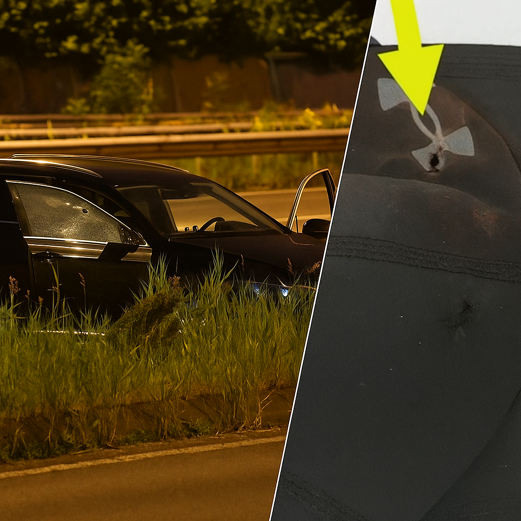 Nachtelijke foto van een zwarte taxi met kogelgaten in het raam langs de A13, gecombineerd met een close-up van een zwarte pet met een kogelgat net onder het logo, waar een gele pijl naar wijst.